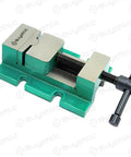 Rock Solid 44Mm Jaw Drill Mill Vice Vise With Loose Insert Chucks For Myford Lathe Vertical Slide Fixed Or Swivel Mount Dead Nuts Precise Machining Quality Gear Setup on a green base with a threaded clamp.