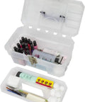 Open Workhorse 14 Inch Plastic Toolbox With Removable Tray showing art supplies, steel latch, padlock eye, clear 14 x 8 x 8 box