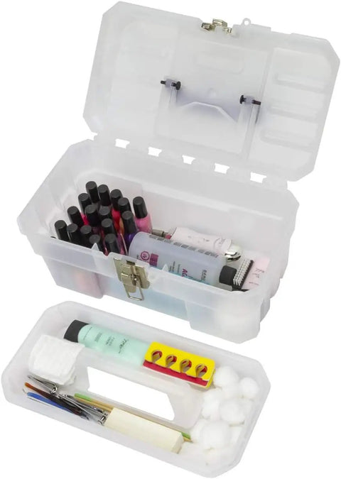 Open Workhorse 14 Inch Plastic Toolbox With Removable Tray showing art supplies, steel latch, padlock eye, clear 14 x 8 x 8 box