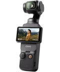 Pocket 3 Vlog Ready Camera With 4K Resolution And 3 Axis Stabilization Fast Autofocus Face And Object Tracking 128GB Card Wireless Microphone System Accessories Bundle Software And More Renewed showing its screen displaying a woman in scenery.
