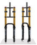 20 Inch Fat Tire EBike Air Suspension Fork With 140Mm Travel Rebound Adjustable Straight Steerer 9X135Mm QR 74Mm Disc Double Crown Front Fork For 20X4.0 Fat Bikes And EBikes Gold image showing two forks