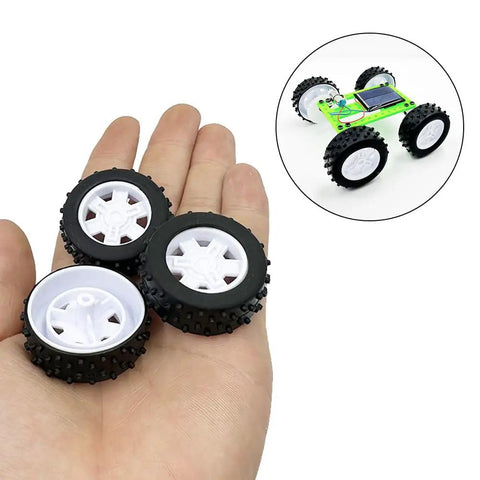 Three wheels from Ten Piece 37mm Plastic Toy Car Wheels Set with Five 100mm Metal Axle Rods for RC Cars Trucks Robots and DIY Model Toys