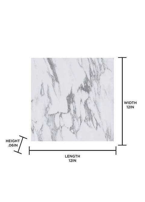 Opaline Peel And Stick Floor Tiles White Marble Look Vinyl Flooring 12x12 inches, dimensions shown with subtle marble design.
