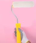No Sweat 15 Piece Mini Paint Roller Set With 4 Inch Round Heads ideal for corners, holding a mini roller with white sleeve and yellow handle.