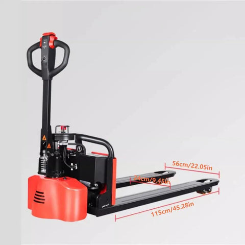 Built Tough Workhorse Electric Pallet Jack Crushing 3300 Pounds With Fast Lithium Power, 56cm wide frame and motorized handle.