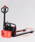 Heavy Duty Electric Pallet Jack With Lithium Battery, 3300 Lbs Capacity Motorized Forklift Lift Truck For Warehouse And Supermarket Indoor Use side view with size details.