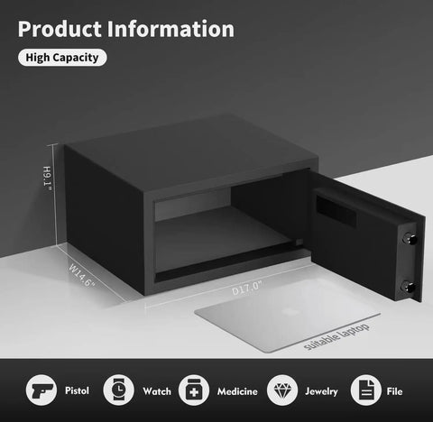 Beefy Digital Safe Box With Electronic Keypad Lock For Home And Office, open showing laptop for scale, heavy duty steel, dimensions shown