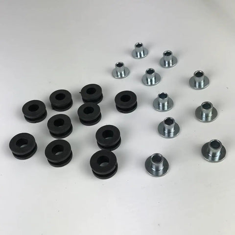 Grommets Rubber Shock Absorbing Cushion Kit For Motorcycles, Anti Scratch Protective Gasket Set With Rubber Buffers To Prevent Friction Damage, Extend Lifespan Of Shell And Windshield Brackets, Built To Last And Weatherproof. black rubber grommets and metal washers on white surface