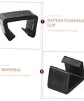 Close-up of PP plastic 8 Pack Wicker Furniture Clips For Outdoor Sofa Sectional Fasteners: two black clips demonstrating toughness.