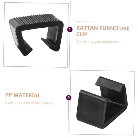 Close-up of PP plastic 8 Pack Wicker Furniture Clips For Outdoor Sofa Sectional Fasteners: two black clips demonstrating toughness.