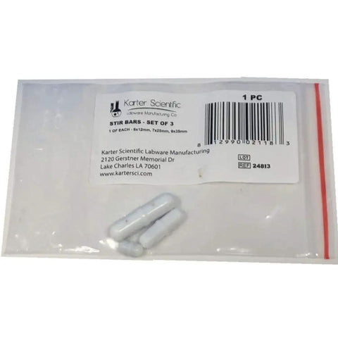 Low Form Beaker Set With Magnetic Stir Bars In Five Sizes 50 mL 100 mL 250 mL 500 mL And 1000 mL For Easy Lab Mixing 3.3 Borosilicate Glass With Double Scale And ASTM E960 Type I Pivot Ring Stir Bars Included package showing 3 stir bars
