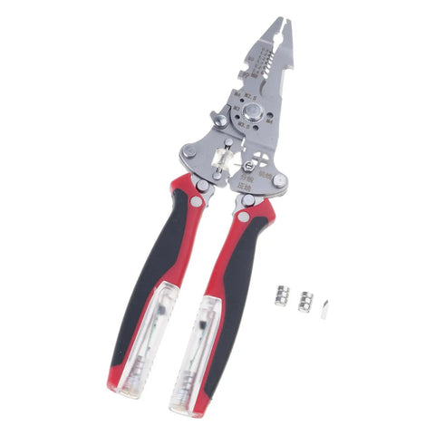Heavy Duty Foldable Wire Strippers 16 In 1 Electrician Pliers with steel jaws and ergonomic grip, displaying crimping and cutting features.