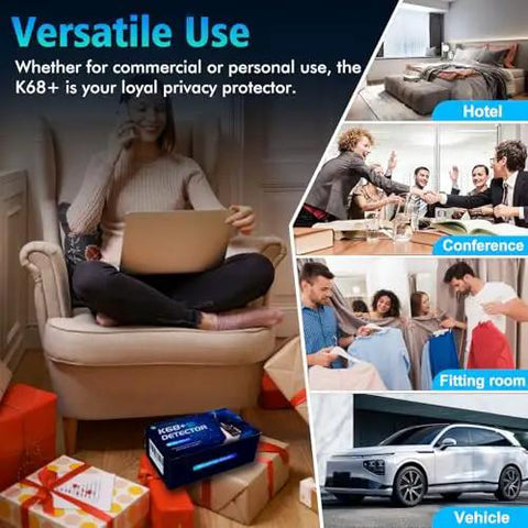 Collage of Hidden Camera Detector And Bug Detector With Magnetic Tracker in hotel, conference, fitting room, and vehicle settings.