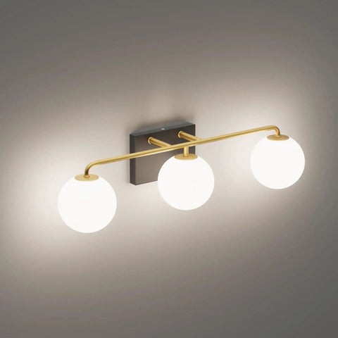Three Light Mid Century Vintage Bathroom Vanity Light Fixtures Over Mirror Black and Gold Industrial Vanity Lights With Milk White Glass Globe For Farmhouse Bath Lighting
