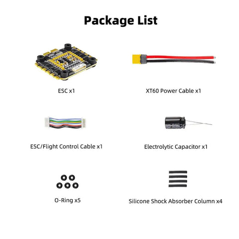 55A 4 In 1 Electronic Speed Controller package contents including XT60 cable, capacitor, O-rings, and ESC