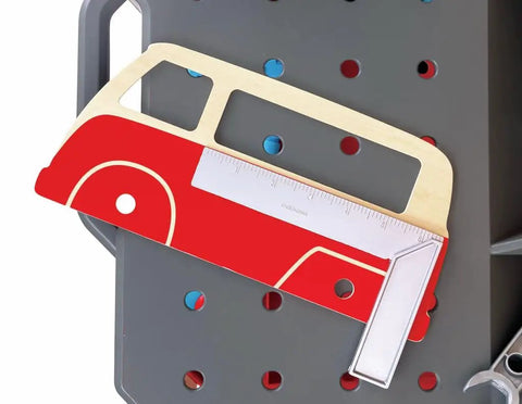 Vehicle Service And Repair Workbench Play Set With Realistic Tools For Young Builders cardboard car body on workbench panel.