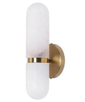 Golbasdena 13in Alabaster Wall Sconces, Gold Wall Lights Bulb Included with brass base and two cylindrical alabaster shades.