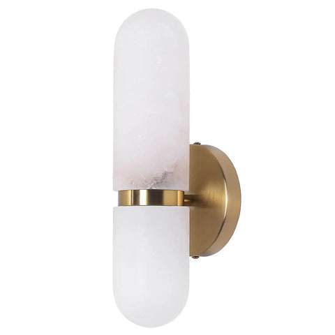 Golbasdena 13in Alabaster Wall Sconces, Gold Wall Lights Bulb Included with brass base and two cylindrical alabaster shades.