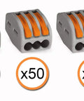 140 Piece Push In Wire Nuts Assortment, Solid Stranded Copper Connector Set, three orange lever nuts with labeling.