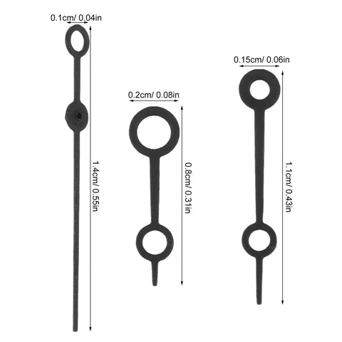Black metal watch hands set compatible with NH35 364R 7S movements, showing dimensions for horology precision repair accessories
