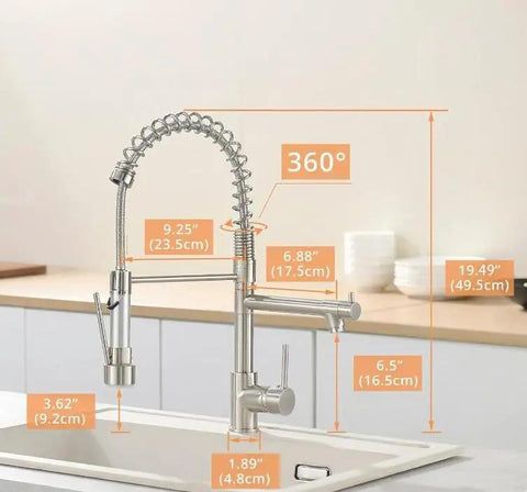 Kitchen Faucet with Pull Down Sprayer, Commercial Spring Single Handle Stainless Steel Sink Faucet, high arc and 360° rotation.