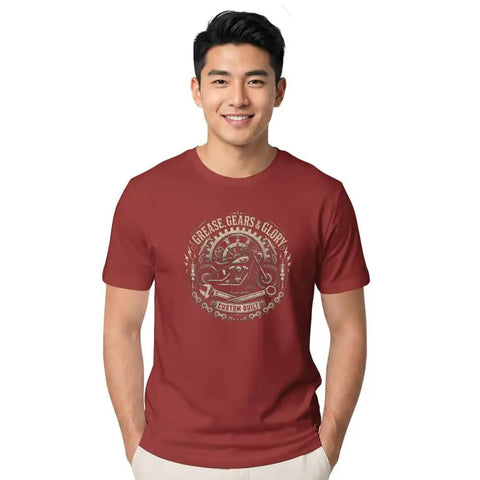 Cool Engineer T Shirt With Vintage Gear Emblem For Garage Projects And Mechanical Gifts Featuring Classic Badge Artwork On Soft Tee, worn by a man.