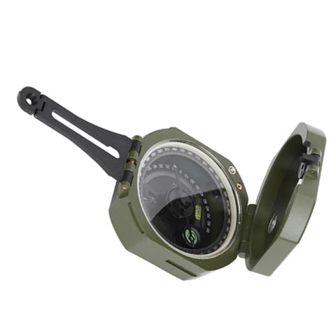 Geology Field Compass with Fluorescent Display and Rugged Zinc Alloy Build, shown open with manual magnetic declination adjuster.