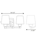 Diagram of Glance Two-Light Bath Vanity Light In Brushed Nickel With Etched Linen Glass Shades, showing dimensions and side view.