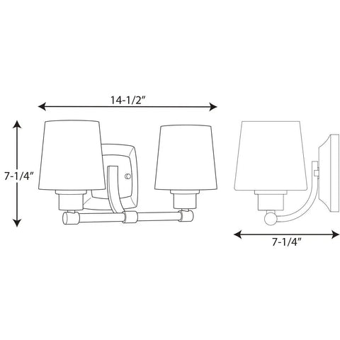 Diagram of Glance Two-Light Bath Vanity Light In Brushed Nickel With Etched Linen Glass Shades, showing dimensions and side view.