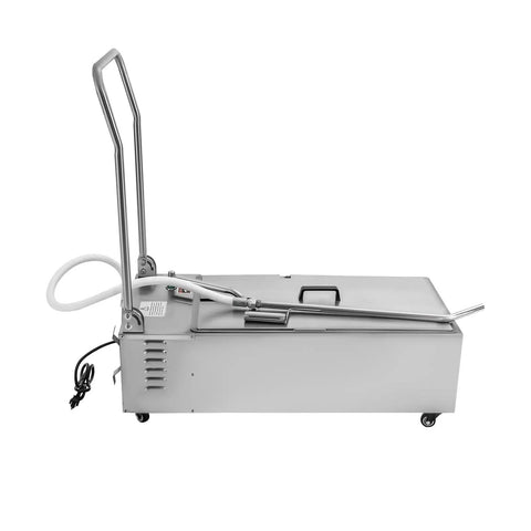 Commercial 55 Gallon Portable Fryer Oil Filter Cart With 110V Pump Corrosion Resistant Stainless Steel Kitchen Machine at side angle.