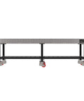 Boss Level Welding Workstation With Smooth Rolling Casters Heavy Duty Steel Fabrication Bench 120 By 60 with a grid top and built-in shelf.