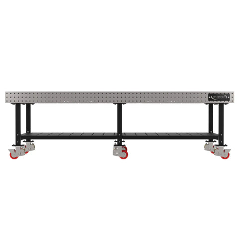 Boss Level Welding Workstation With Smooth Rolling Casters Heavy Duty Steel Fabrication Bench 120 By 60 with a grid top and built-in shelf.