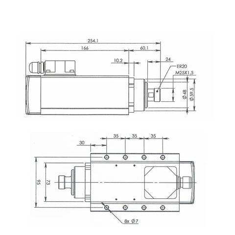 Technical diagram of Two Point Two Kilowatt ER20 Air Cooled Spindle Motor 24000 RPM 220V Square Type with dimensions in mm