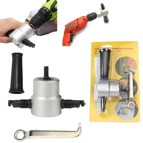 Double Head Sheet Metal Nibbler Saw Cutter Power Drill Attachment for Straight and Curve Cuts with ergonomic handle packaging shown