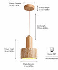 Wood Pendant Light with Natural Travertine Shade, Mini E27 Socket Droplight features a cone shade with dimensions and design details.