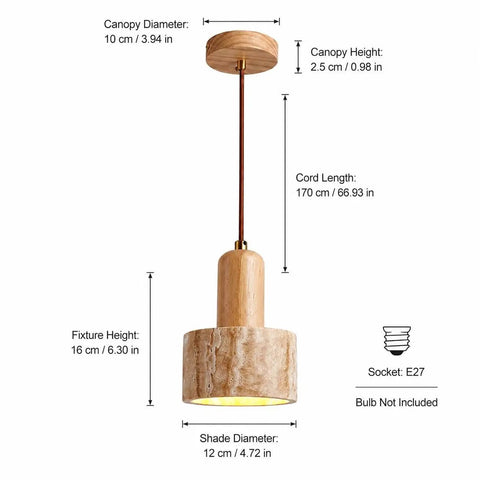 Wood Pendant Light with Natural Travertine Shade, Mini E27 Socket Droplight features a cone shade with dimensions and design details.