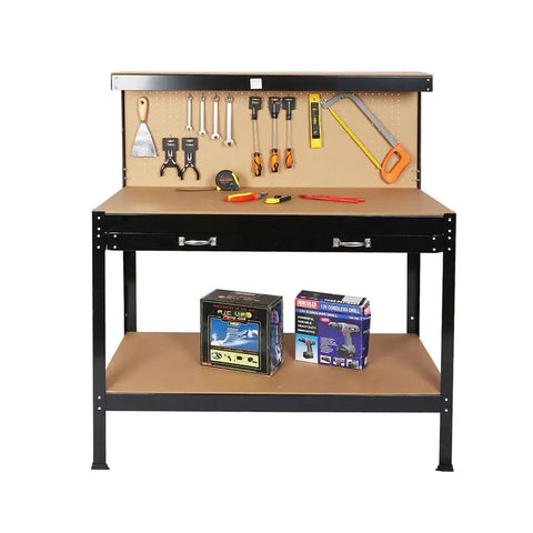 Beefy Garage Workbench With Pegboard, Steel Frame And MDF Top, Built In Storage Drawer And Lower Shelf, 300 Lb Capacity Work Table