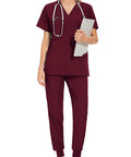 All Day Comfort Women's Scrub Set Nursing Uniform Top And Jogger Pants, Machine Washable Workwear For Spa Cosmetology And Beauty Clinics, Easy Care, Durable, Red, Size M