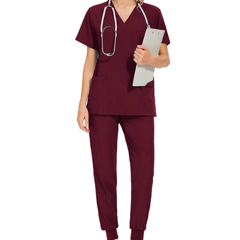 All Day Comfort Women's Scrub Set Nursing Uniform Top And Jogger Pants, Machine Washable Workwear For Spa Cosmetology And Beauty Clinics, Easy Care, Durable, Red, Size M