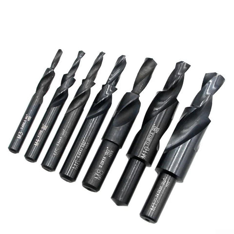 Set of black HSS cobalt two-stage step drill bits for metal drilling with multiple sizes