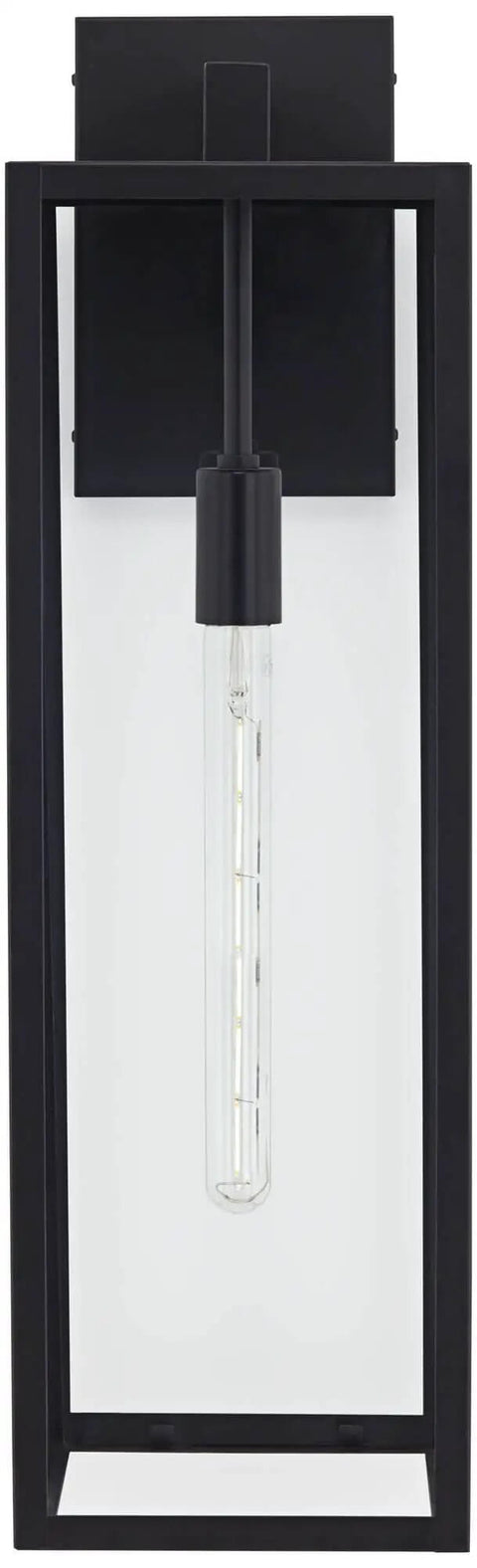 Front view of Modern Industrial Outdoor Wall Light Fixture in Mystic Black with 27 inch clear glass panels