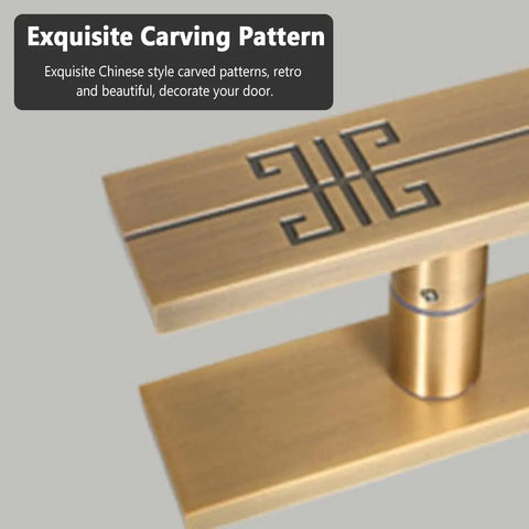 Close-up of a brass door pull handle with Chinese carving pattern on the surface, showing detail in a modern design.