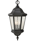 Martinsville Three Light Outdoor Pendant Lantern Black Aluminum Built for Wet Weather, cETL Listed, with seeded glass panels