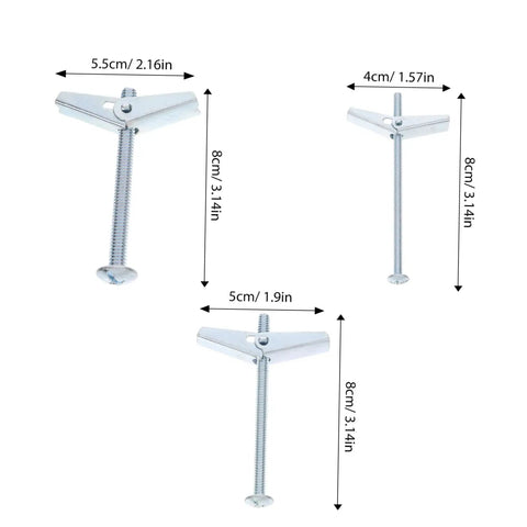 Heavy Duty Toggle Bolt And Wing Nut Kit For Drywall Walls 48 Piece Set shown with three different sizes and measurements.
