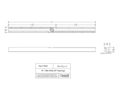 Premium Wooden Table Expansion Slide Kit, 50 Inch Equalizer Rails technical drawing showing dimensions and parts.