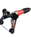 Pro Grade Stainless Steel Pipe Belt Sander Polisher with 110V 800W Power, alumina oxide belts attached, in side view