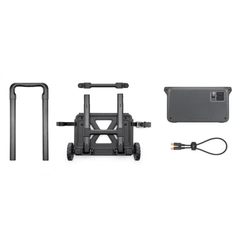 Portable Power Station Rolling Cart components including frame, handle, wheels, and connectors for outdoor filmmakers.