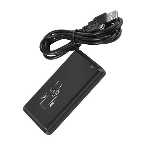 13.56MHz USB RFID Card Reader With Contactless Reading Supports S50 And S70 Cards One Card Reader With LED Indicator And Buzzer 0 To 10 Cm Read Range Waterproof ABS Housing Easy Plug And Play For RFID USB Systems, showing black ABS housing and USB cable
