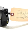 2 Pole Bolt On Circuit Breaker 20 Amp 120 240 VAC And 48 VDC QOB220 Style UL CSA Approved product, with tag, angled view