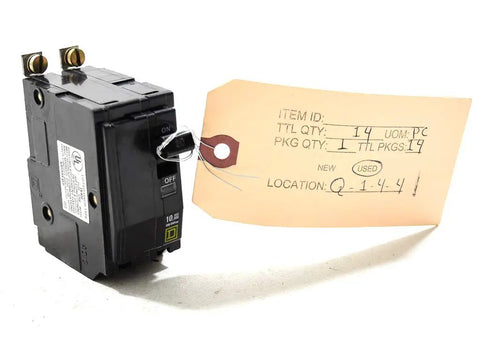 2 Pole Bolt On Circuit Breaker 20 Amp 120 240 VAC And 48 VDC QOB220 Style UL CSA Approved product, with tag, angled view